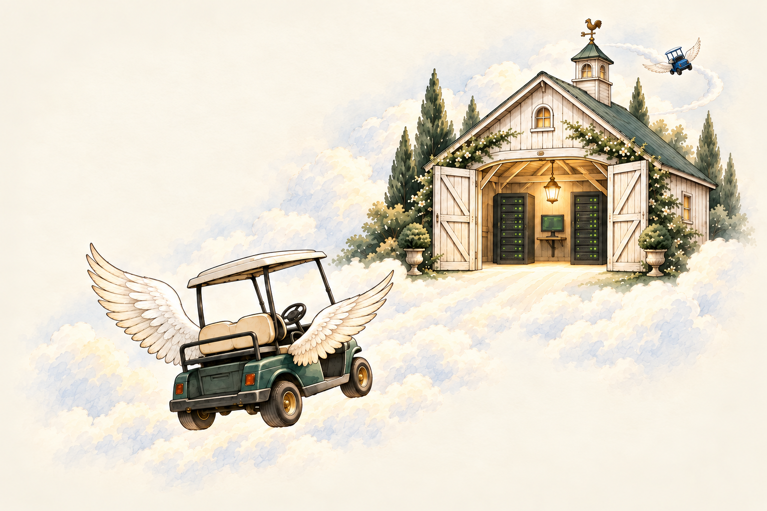 A winged golf cart approaching a cloud-top barn with server racks and a computer inside, while a tiny blue angel cart circles the steeple.